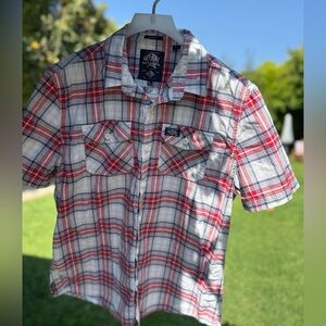Superdry Red and White Plaid Short Sleeve Button-Down Shirt